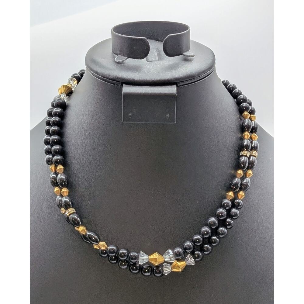 Vtg Black Glass Gold Tone Bicone Crystal & Rondelle Bead Double Strand Necklace